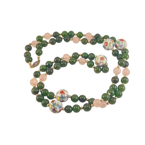 Jade Nephrite Rose Quartz Beaded Vintage GlassNecklace With Floral Porcelain Acc - Picture 6 of 9
